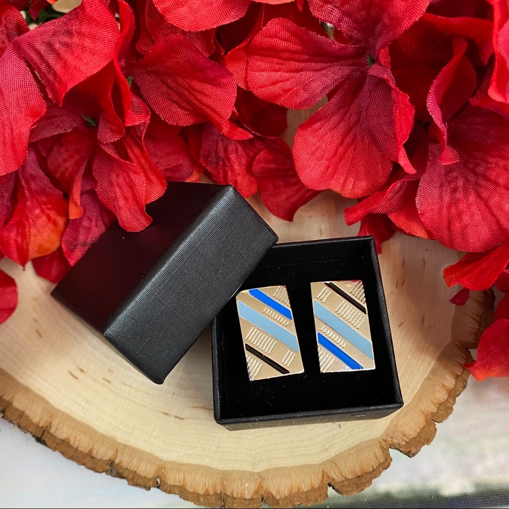 Classic Blue, Silver and Black Stripe Cufflinks - Picture 6 of 8